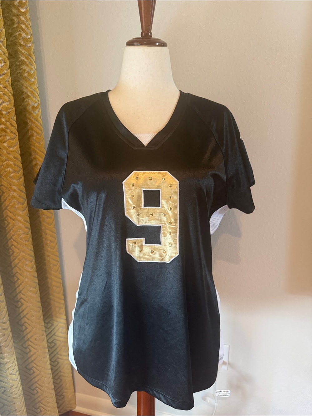 Women’s Black V-Neck SAINTS Jersey Top with Gold Number 9 BREES WHO DAT!